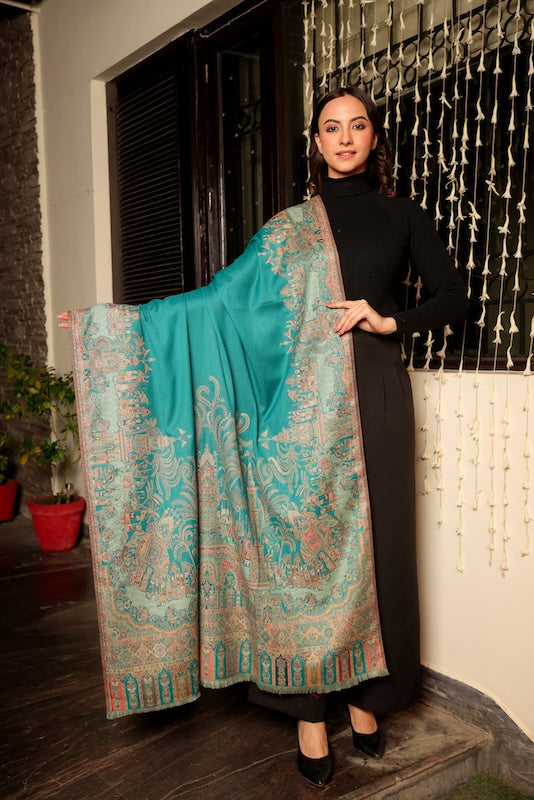 Wool Blend Mahal Border Shawl – Woven Teal