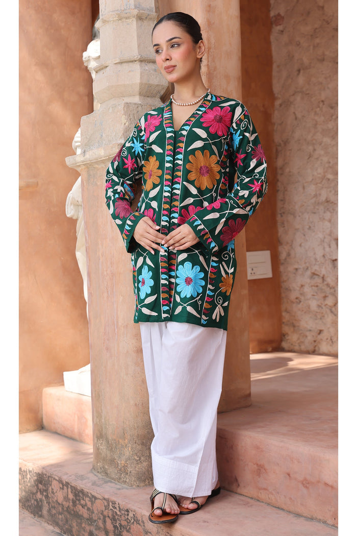 Woolen Kashmiri Aari Jacket – Green Floral