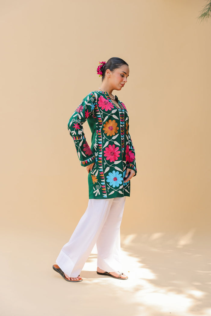 Woolen Kashmiri Aari Jacket – Green Floral