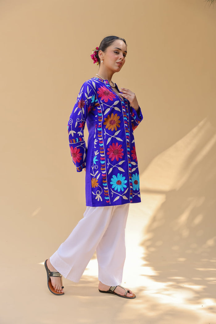 Woolen Kashmiri Aari Jacket – Royal Blue Floral
