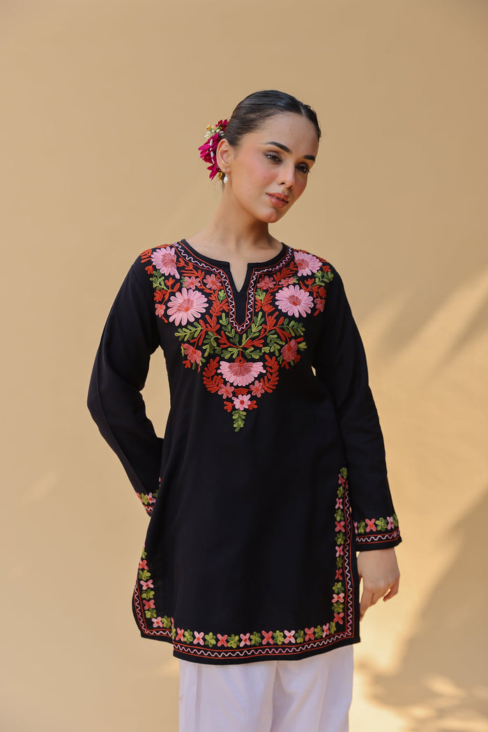 Woolen Kashmiri Aari Short Kurta – Black