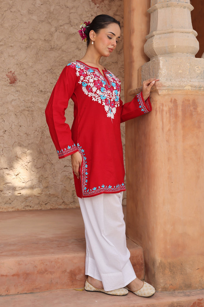 Woolen Kashmiri Aari Short Kurta – Red