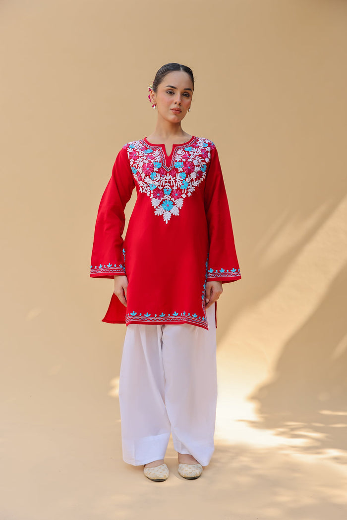 Woolen Kashmiri Aari Short Kurta – Red