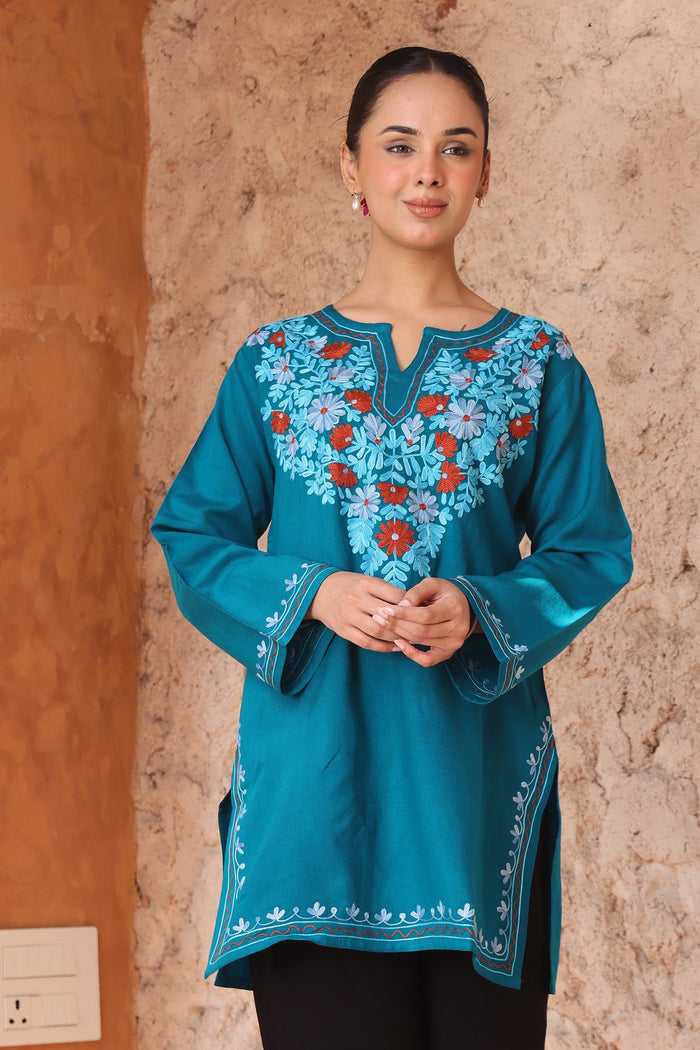 Woolen Kashmiri Aari Short Kurta – Teal Blue
