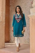 Woolen Kashmiri Aari Short Kurta – Teal Blue