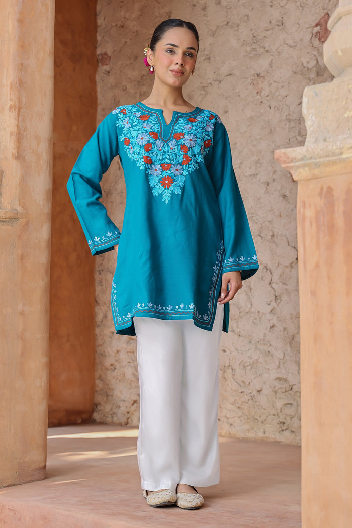 Woolen Kashmiri Aari Short Kurta – Teal Blue