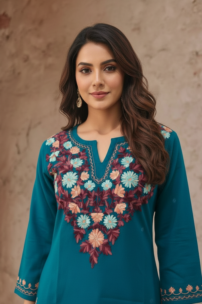 Woolen Kashmiri Aari Short Kurta – Teal Blue