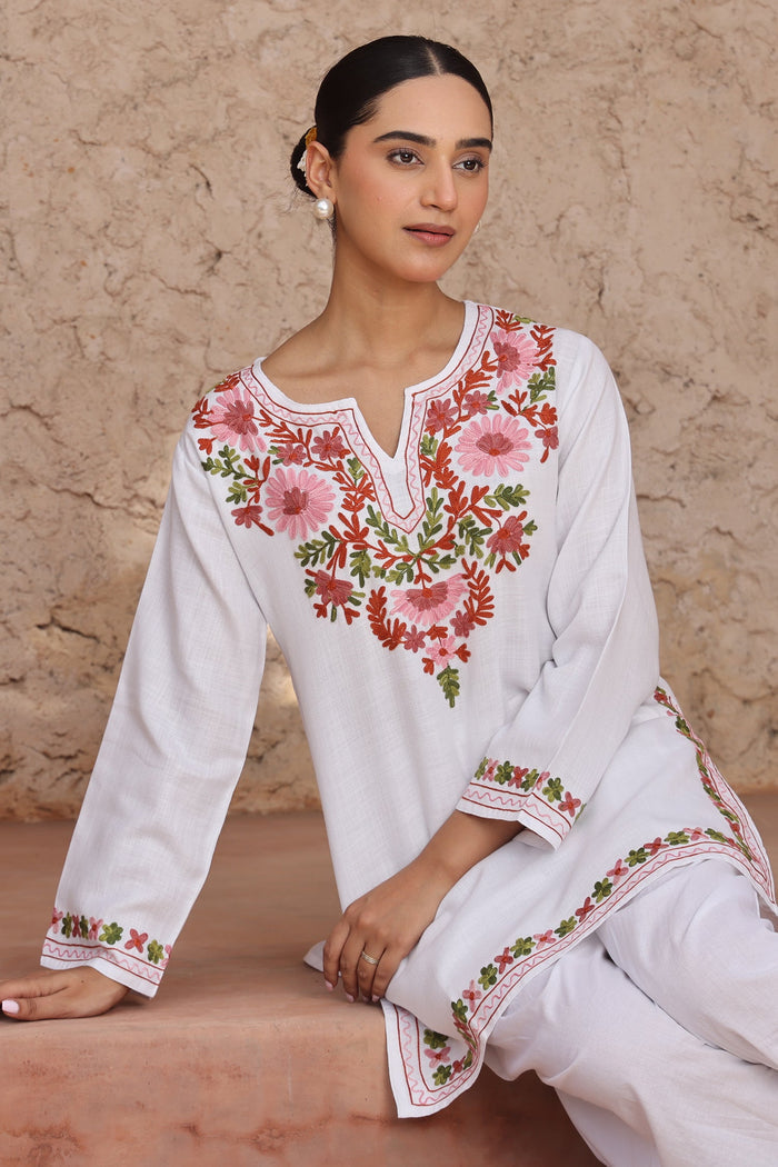 Woolen Kashmiri Aari Short Kurta – White
