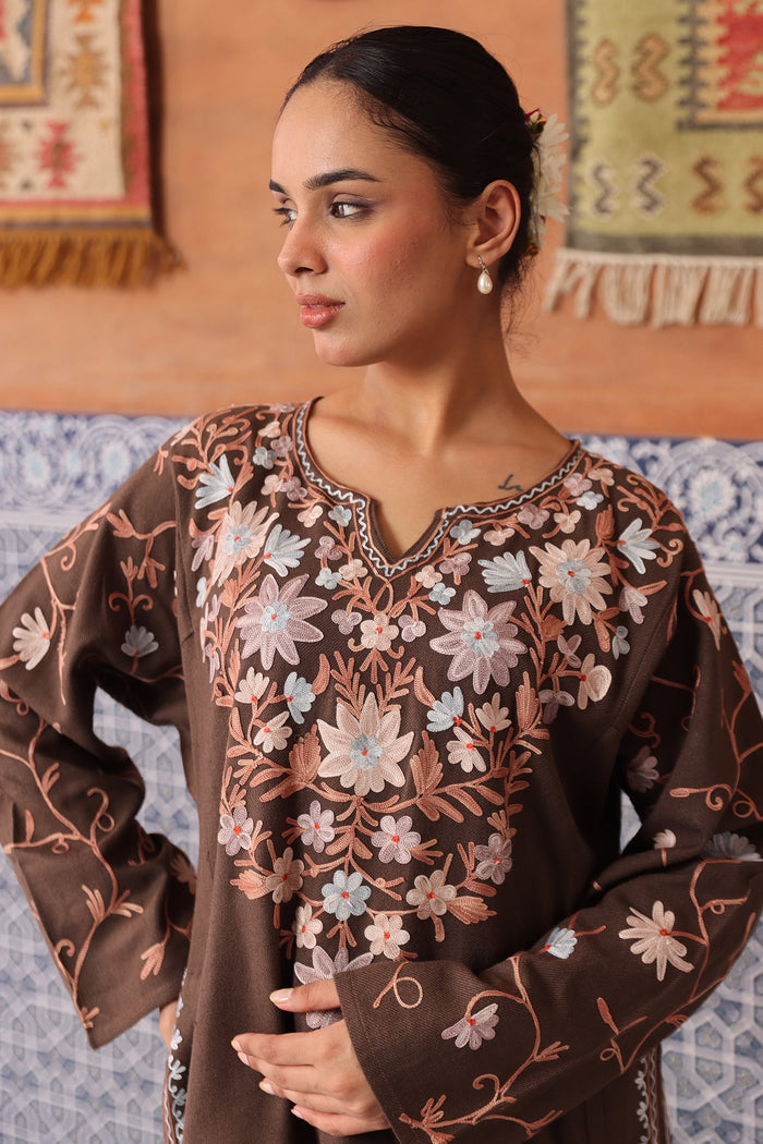 Woolen Phiran in Kashmiri Aari Embroidery - Beige