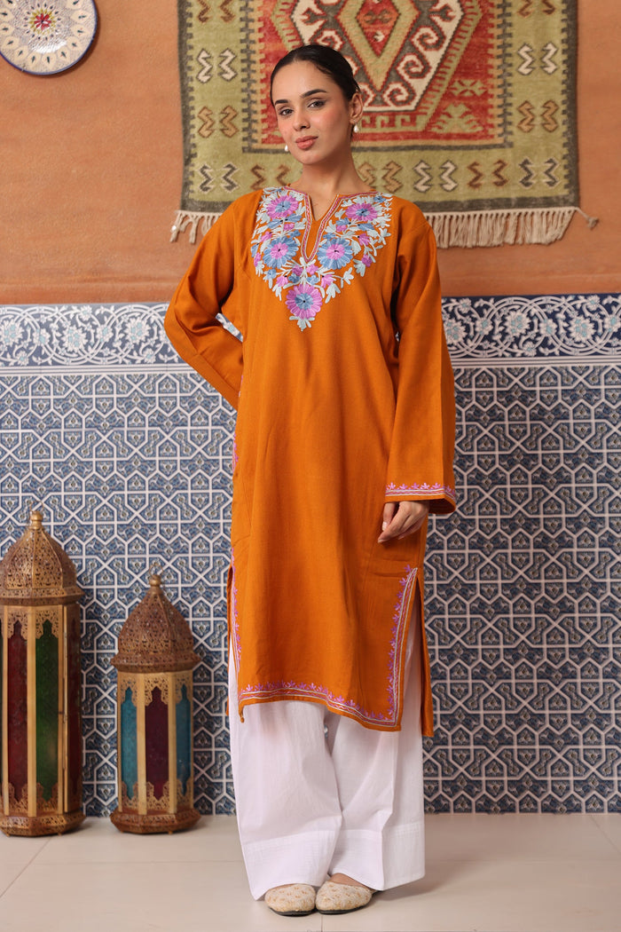 Woolen Phiran in Kashmiri Aari Embroidery - Orange