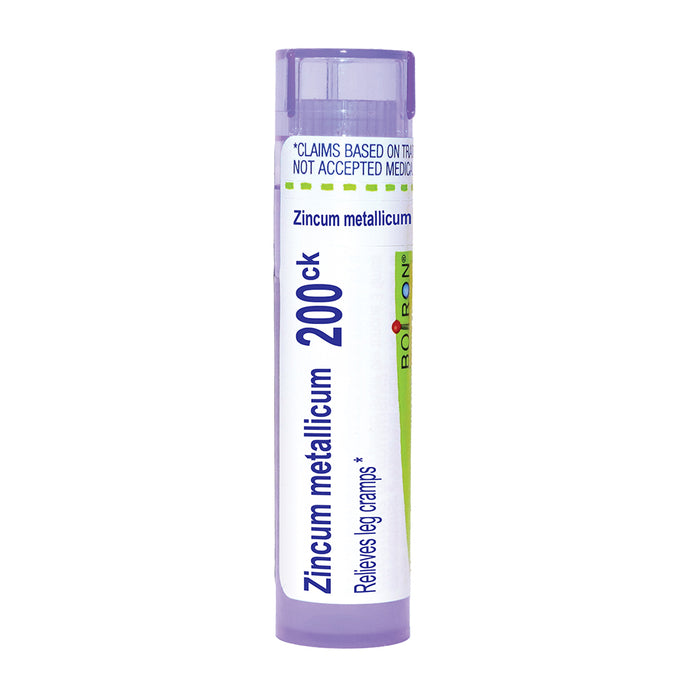 A single tube of Boiron Zincum metallicum 200ck homeopathic remedy, featuring a white label with blue and green text and accents, capped in a translucent light purple plastic, on a solid white background.