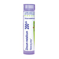 A single tube of Boiron Zincum metallicum 200ck homeopathic remedy, featuring a white label with blue and green text and accents, capped in a translucent light purple plastic, on a solid white background.