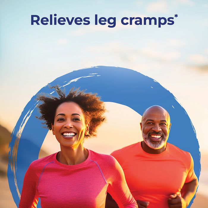 Two people running outdoors with a blue circle overlay and text about leg cramps relief.